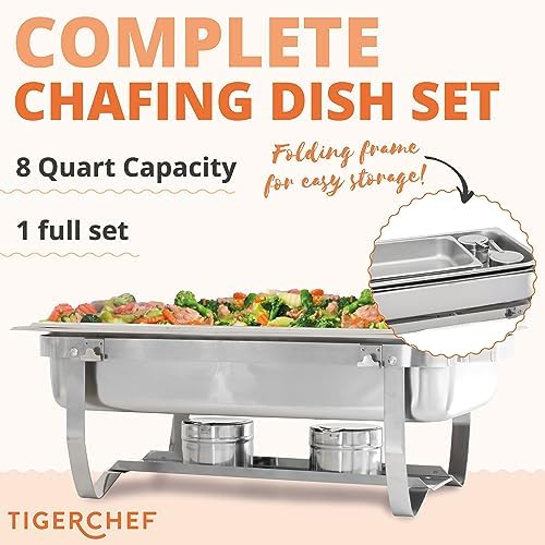 Complete Stainless Steel Chafing Dish Set by TigerChef, Buffet Food Warmer with Foldable Frame, Fuel Holders with Covers, Food Pans, Water Pan, Elegant Buffet Set for Parties, 8 Qt Capacity - Image 2