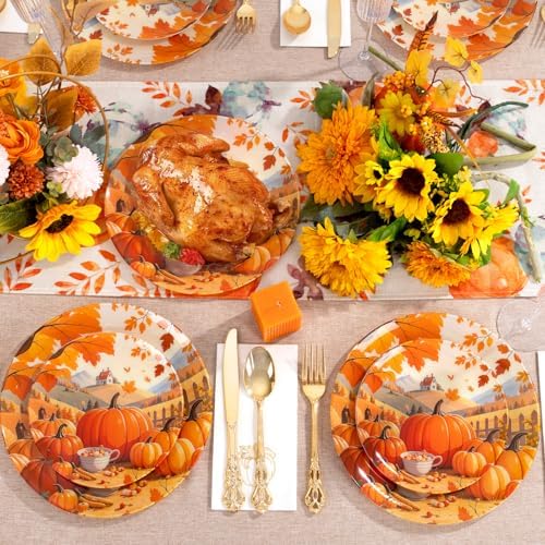 60PCS Thanksgiving Plastic Plates - Heavy Duty Fall Plastic Plates - Pumpkin Disposable Plates Include 30 Dinner & 30 Dessert Plate for Friendsgiving Party Holiday - Image 5