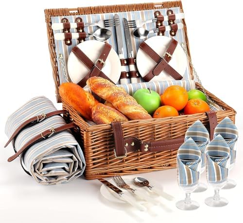 Wicker Picnic Basket for 4 with Waterproof Blanket Blue Stripes by HYBDAMAI