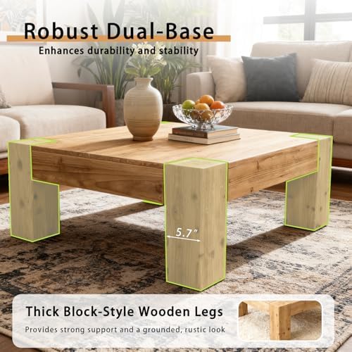 Rustic Wooden Coffee Table for Living Room, Big Square Coffee Table - Image 5