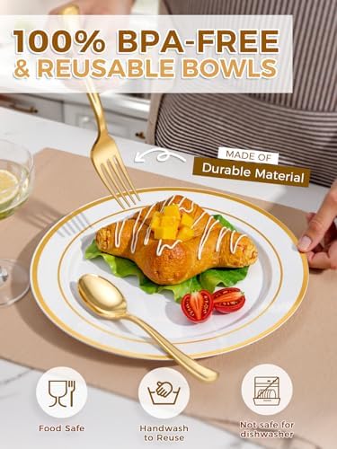 WDF 120 Pieces Gold Disposable Plastic Plates - White and Gold Plates Include Dinner Plate & Salad Plate for Party/Baby Shower/Wedding/Thanksgiving - Image 3