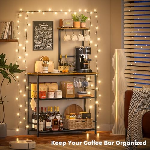 3IngSeagulls Bakers Rack with Storage, Kitchen Microwave Stand with Adjustable Shelf and 6 S Hooks, 4-Tier Coffee Station Table, Kitchen Shelves for Spices, Pots, Rustic Brown - Image 5