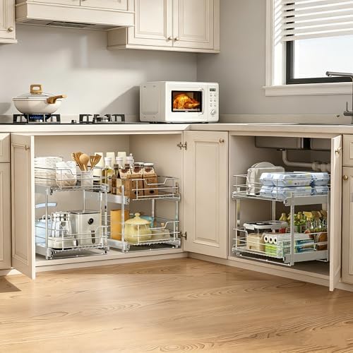 EZKAZA Pull Out Cabinet Organizer for Kitchen Utensil 14.5" W x 21" D, 2-Tier Cabinet Pullout Shelves and Drawer Organizer Slide Out Pantry Storage Basket, Bottom Basket 13.2" W x 20.4" D x 4.7" H - Image 2