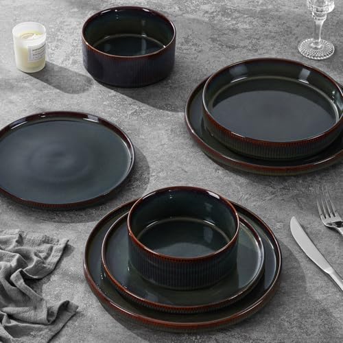 LIANYU Dinnerware Sets with Pasta Bowls, 8 Piece Ribbed Dinnerware Plates and Bowls Set for 2, Elegant Modern Stoneware Dishes Set for Kitchen Dining, Microwave and Dishwasher Safe, Jungle Green - Image 4