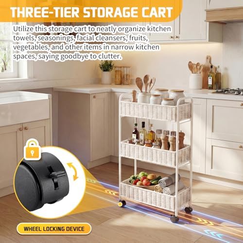 FOCHIER F Utility Slim Storage Cart,3-Tier Rolling Kitchen Office Laundry Room Cart,Mobile Shelving Unit Organizer for Living Room Bathroom Baby Diaper Narrow Places (White, UC-White-7.1inch) - Image 5