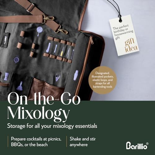 Barillio Bartender Kit Bag with Black Cocktail Shaker Set - Waxed Canvas, Traveling Bar Tools Bag with 17-Pc Cocktail Kit - Travel Mixology Bartending Kits - Mobile Bar Roll with Strap & Accessories - Image 3