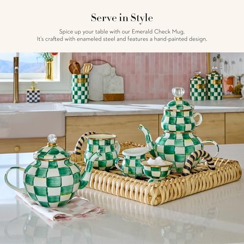 MACKENZIE-CHILDS Enamel Mug, Cute Enamelware Tea or Coffee Mug, 16 Ounces, Green-and-White Emerald Check (Pack of 2) - Image 2