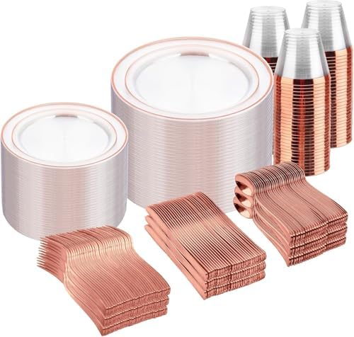 bUCLA 600PCS Clear Rose Gold Plastic Dinnerware Set Disposable - Include 100 Dinner Plates, 100 Dessert Plates, 100 Knives, 100 Forks, 100 Spoons, 100 Cups for Party & Wedding by BUCLA