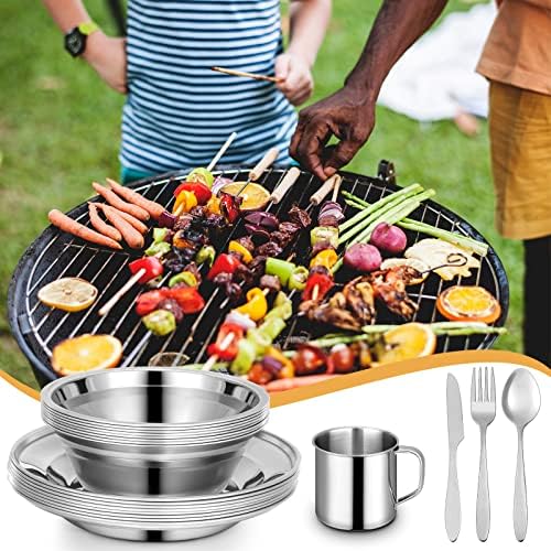 58 Pcs Camping Plates Cups and Bowls Set, Stainless Steel Dishes Mess Kit Utensils Tableware with Spoons Forks Knives Storage Bags for 8 Person Outdoor Camping Backpacking Hiking Travel Picnic - Image 5