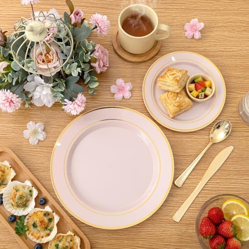 WDF Partyware 175PCS Pink plastic Plates - Pink Disposable Plates 25Guests Disposable Dinnerware Sets with Rolled Napkins for Wedding/Birthday/Baby Shower - Image 6