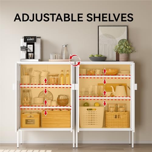 COFaR White Metal Storage Cabinet with Adjustable Shelves, 47”H Modern Buffet Sideboard & Coffee Bar Cabinet with Magnetic Doors, Ventilated Steel Organizer for Kitchen, Dining Room, Home Office - Image 5