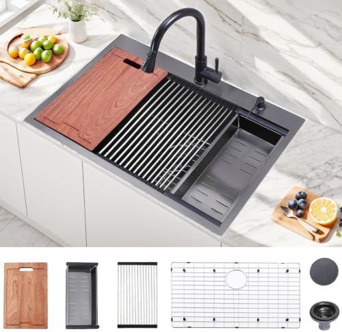 33x22 Inch Black Drop In Kitchen Sink - VAPSINT 33 Inch Top Mount Single Bowl 9 Inch Deep Handmade Workstation Sink in Gunmetal Stainless Steel with Cutting Board & Strainer by VAPSINT