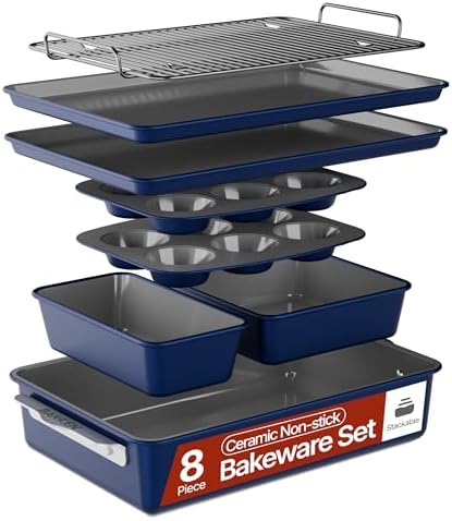 Bakken 8-Piece Ceramic Coated Bakeware Sets, Nonstick Aluminized Steel Pans with Muffin, Loaf, Cake, Roasting Pan, & Cooling Rack, Oven Safe Up To 500°F, Dishwasher Safe, BPA, PTFE & PFAS Free, Blue by BAKK%C3%8BNMASTER