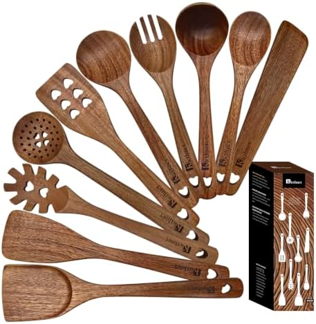 Acacia Wood Utensil Set,10 Piece, Heart Series Wooden Cooking Tools with Long Handle Wok Spatula, Serving Spoon, Slotted Spoon, Frying Spatula, Soup Spoon and Kitchen Utensils Gift Set by Unknown