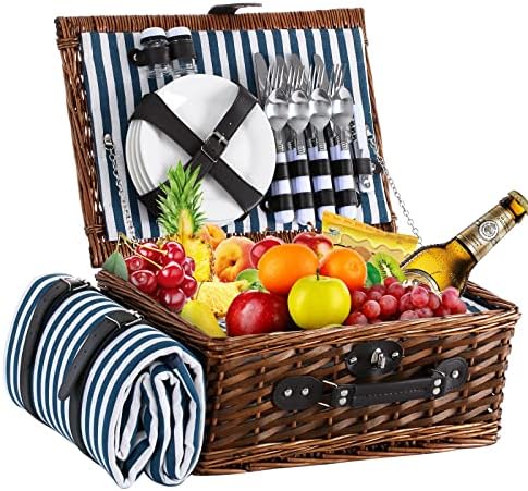 Picnic Basket for 4 with Waterproof Blanket, Blue &Grey Stripe by HYBDAMAI