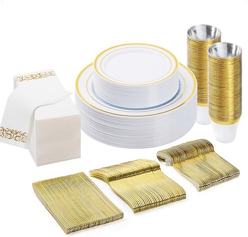 BESTVIP 175 PCS Disposable White and Gold Plastic Plates for 25 Guests by Bestvip