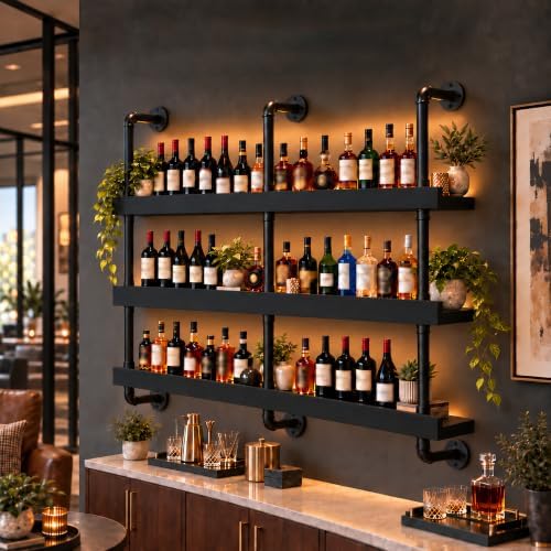 49IN 3-Tier Black Pipe Wall Mounted Wine Rack with Warm LED Light by flowercart