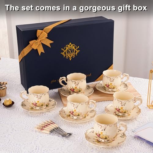 YOLIFE Tea Cups and Saucers Set of 6, 8 OZ Pink Rose(with Gift Box) - Image 6