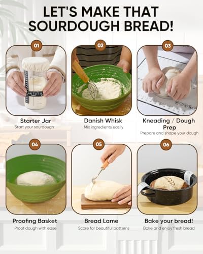 Sourdough Starter Kit for Beginners, 34 oz Starter Jar with Scale Marking, 2 Silicone Proofing Baskets, Complete Bread Baking Kit with Guide & Recipes, Easy to Use & Clean - Green - Image 6