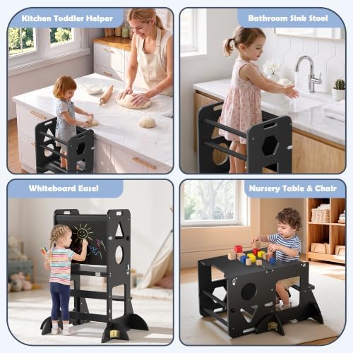 Toddler Standing Tower Anti-Tip Wooden Kitchen Step Stool，Black - Image 6