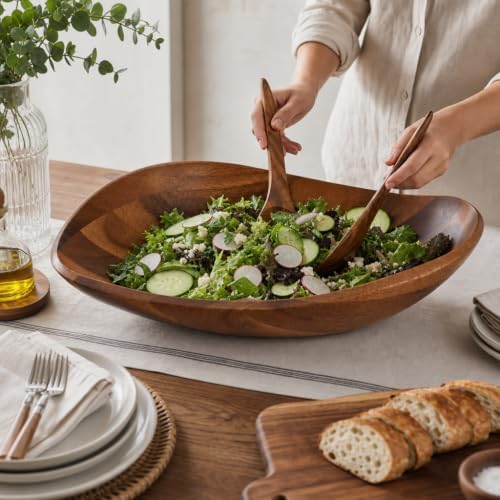 Arthur Court Wave Pattern Large Acacia Wood Salad Bowl - Modern Centerpiece for Fruits and Salads - 19 x 12 x 4 Inches - Image 6