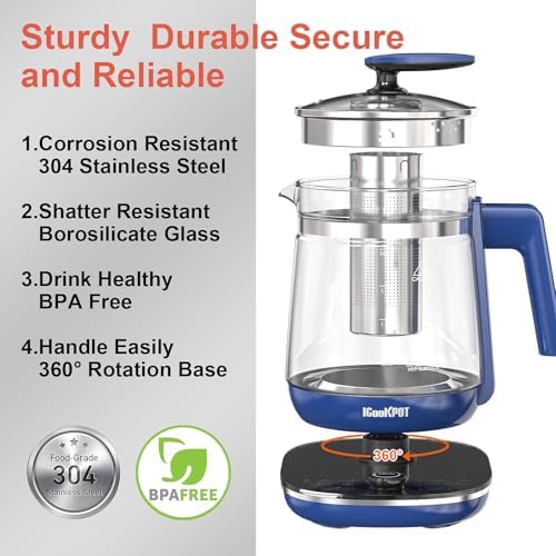 Electric Kettle 1.5L Borosilicate Glass, 1200W Temperature Control Tea Kettle with Auto Shut-Off & Boil-Dry Protection, BPA-Free Stainless Steel Base, Fast Boil for Coffee & Tea, Blue - Image 5