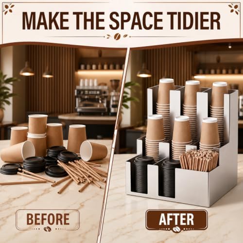 9 Compartment Stainless Steel Vertical Coffee Cup and Lid Dispenser - Image 6