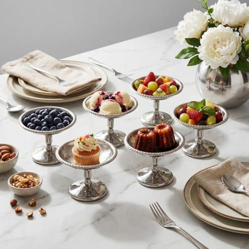6 Pcs Mini Stainless Steel Ice Cream Bowls Vintage Silver Serving Pudding Dessert Cup Sauce Bowls Metal Round Footed Yogurt Snack Candy Cups for Mousse Fruit Salad Cake Wedding Party Favor - Image 3