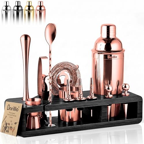 Barillio Rose Gold Bartender Kit - Stainless-Steel Cocktail Shaker Set w/Black Bamboo Stand - Mixology Bar Tools w/Drink Shaker, Mixer, Muddler for Cocktails - Home Bar Accessories - 23-Pc Bar Set by Barillio