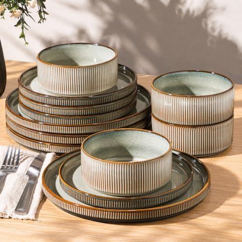 GBHOME Stoneware Dinnerware Sets for 4, 12-Piece Plates and Bowls Set by GBhome