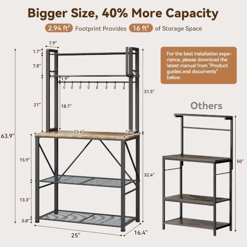 YASONIC Coffee Bar, Bakers Rack with Storage, 25.6 Inches Microwave Stand, 5 Tier Kitchen Shelves Appliance Storage, 12 S Hooks Large Coffee Station for Spices, Pots and Pans, Rustic Brown - Image 3