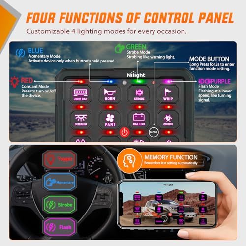 Nilight 12 Gang Switch Panel APP RGB 12V 24V Circuit Control System 4-Mode - Image 2