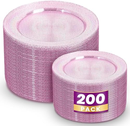 WDF 200PCS Pink Plastic Plates - Rose Gold Glitter Plastic Plates - Heavy Duty Pink Glitter Disposable Plates for Wedding/Baby Shower/Birthday by WDF