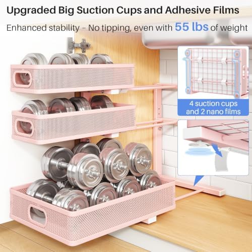 Under Sink Organizer, 3-Tier Thickened Metal Pull out Cabinet Organizer Shelf, Height Adjustable Slide out Storage Drawer Rack for Kitchen Bathroom Pantry Laundry Home Organization, 2-Pack, Pink - Image 7