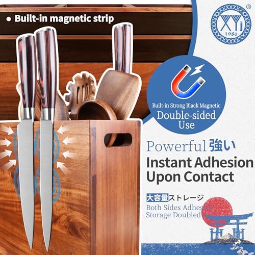 XYJ Acacia Wood Utensil Holder with Magnetic Exterior ・3-Compartment - Image 3