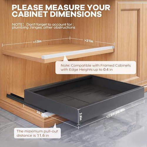 Seinloes 2Pack Expandable Pull Out Cabinet Organizer 21"Deep with Raising Pad for Framed Cabinets, Upgrade 3 Slide Rails Slide Out Drawers, Roll Out Shelves Adhesive,Adjustable Width 12.05"-20.4"Black - Image 4