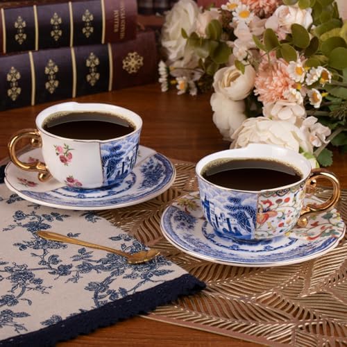 KAMMAK Tea Cups and Saucers Set of 2, Fine Bone China Coffee Cups, 582N - Image 2