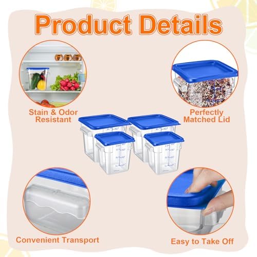 Suclain 8 Pack 4 QT and 6 QT Food Storage Containers with Lids Scales Handles Square Clear Restaurant Food Storage Containers Polycarbonate Commercial Grade for Kitchen Marinating Meat Dough(Blue) - Image 3