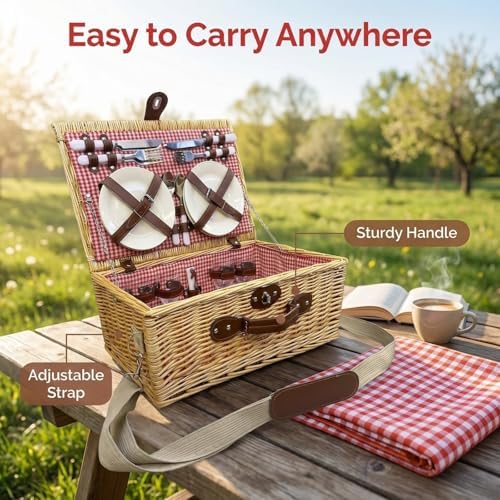 Multifunctional Wicker Picnic Basket Set for 4 Adults with Pink Blankets - Image 2