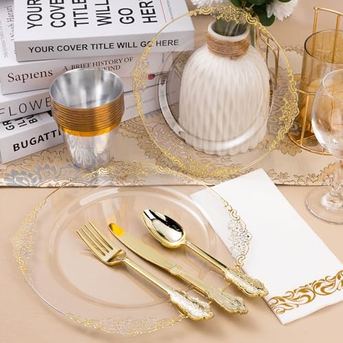 Bestluck 175PCS Ivory white Plastic Plates for 25 Guests (Clear Gold, 25 Guests Set) - Image 5