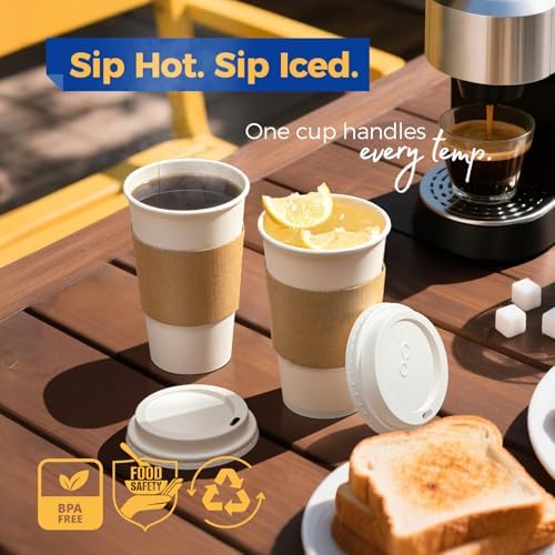 Fit Meal Prep 50 Pack 16 oz Disposable Coffee Cups with Lids, Sleeves, Leak-Proof To Go Coffee Cups with Lids, Durable Hot Paper Cups for Home, Office, Party, Business - Image 5