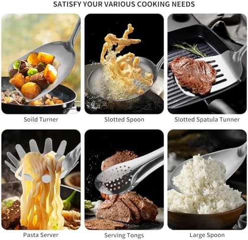 304 Stainlss Steel Kitchen Utensils Set, 12 Pcs Long Metal Cooking Utensil Gadgets Tools Set with Spatula, Ladle, Spoon, Ladle, Skimmer, Tunner, Pasta Server, Tongs(Silver, Dishwasher Safe) - Image 4