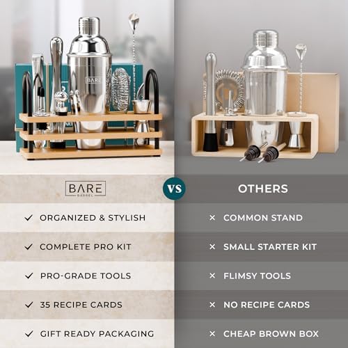 BARE BARREL® Mixology Bartender Kit Bar Set | 14-Piece Cocktail Shaker Set | Martini Barware Mixing Tools for Home Bartending | 35 Recipe Cards | Gift Set (24oz Cobbler Shaker, Silver/Natural) - Image 6