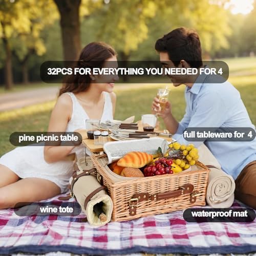 Multifunctional Wicker Picnic Basket Set for 4 with Blanket and Picnic Table, Insulated Picnic Set with Full Tablewares for Camping Outdoor Couples,Natural - Image 6