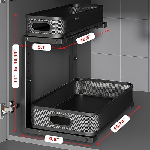 2 Pack Under Sink Organizer, Dual-Layer Pull Out Mesh Cabinet Rack with 5-Level Height Adjustment, Rust-Resistant Sliding Storage for Bathroom & Kitchen, Multi-Purpose 2-Tier Shelf(Black) - Image 2