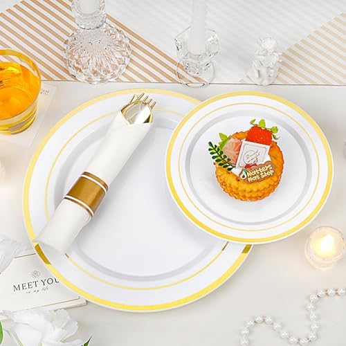 realluck 350 PCS White and Gold Plastic Dinnerware Set for 50 Guests, 100 Disposable Plates for Party, 50 Pre Rolled Napkins with Gold Silverware, 50 Cups - Image 3