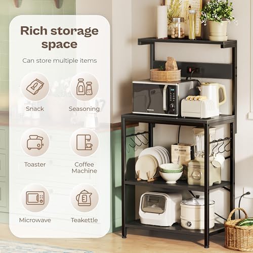 SUPERJARE Kitchen Bakers Rack with Power Outlet, Coffee Bar Table 4 Tiers, Kitchen Microwave Stand with 6 S-shaped Hooks, Storage Shelf Rack for Spices, Pots and Pans - Black - Image 5