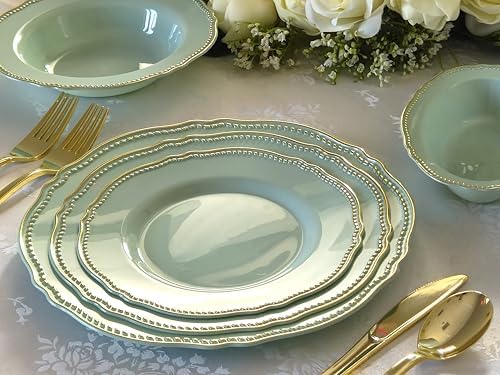" OCCASIONS " 320pcs set (40 Guests)-Heavyweight Wedding Party Disposable Plastic Plate Set -40 x 10.25'' + 40 x 7.5'' + Silverware + Cups + Napkins (Rochelle Seafoam/Mint and Gold)) - Image 3
