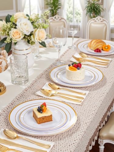 WDF 120 Pieces Gold Disposable Plastic Plates - White and Gold Plates Include Dinner Plate & Salad Plate for Party/Baby Shower/Wedding/Thanksgiving - Image 6