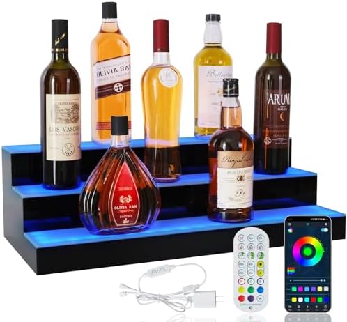 LED Lighted Liquor Bottle Display Shelf, 3 Tiers 24 Inch Bar Bottle Display Shelf with Remote and App Control for Home Bar Party Whiskey Wine Coffee Syrup Water Bottles Display by ClarityCraze